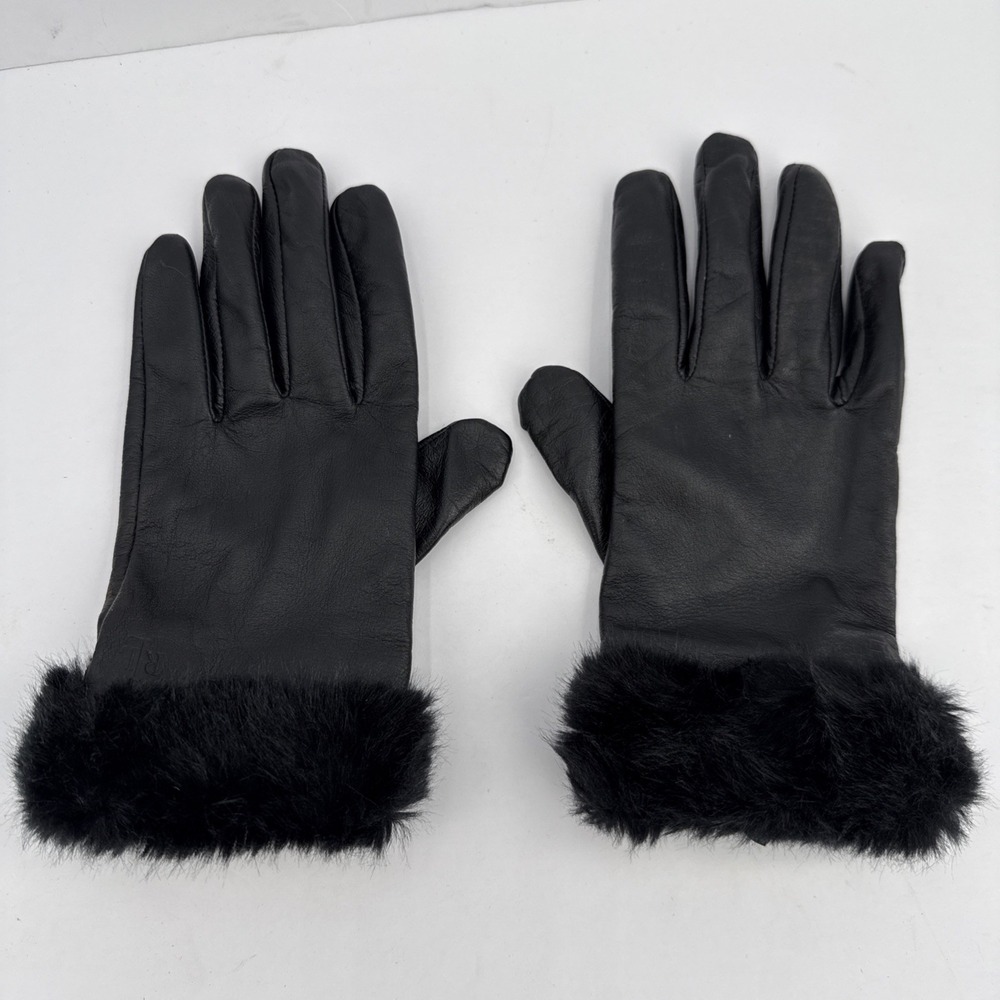 Lauren Ralph Lauren‎ Black Sheep Leather Gloves Faux Fur Cuff Womens
